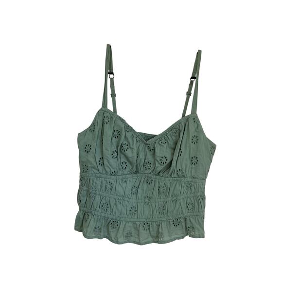 Hollister Green Cotton Eyelet Crop Tank Top Size S Smocked Back Boho - Picture 1 of 5